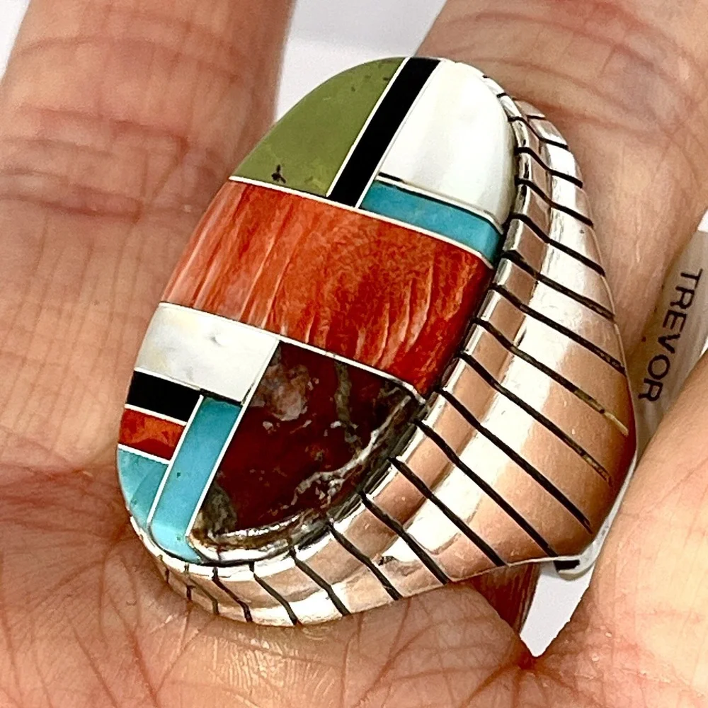 BIG Turquoise Multi Stone Inlay Mens Ring Sz 13 Navajo Sterling Signed Jack 34mm